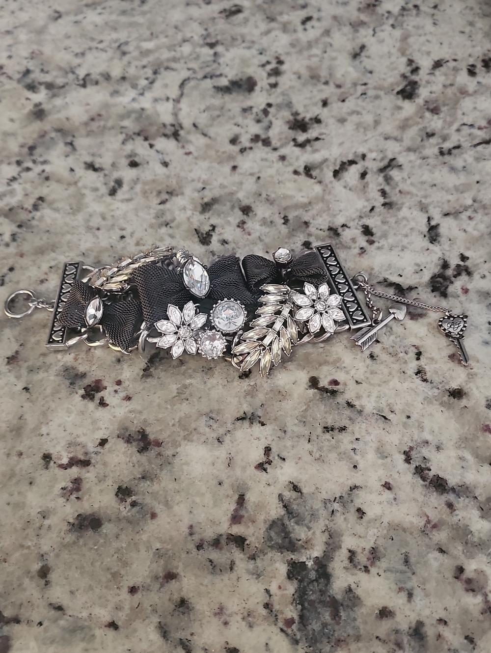 Betsey Johnson Black Ribbon Crystal Floral Bracelet with Silver Accents